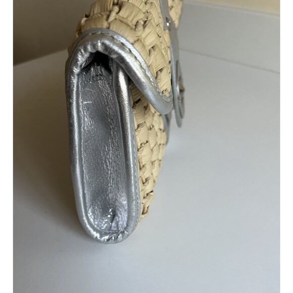 Kate Spade New York Woven Straw Basket Clutch Silver Metallic Leather Trim - Picture 9 of 12